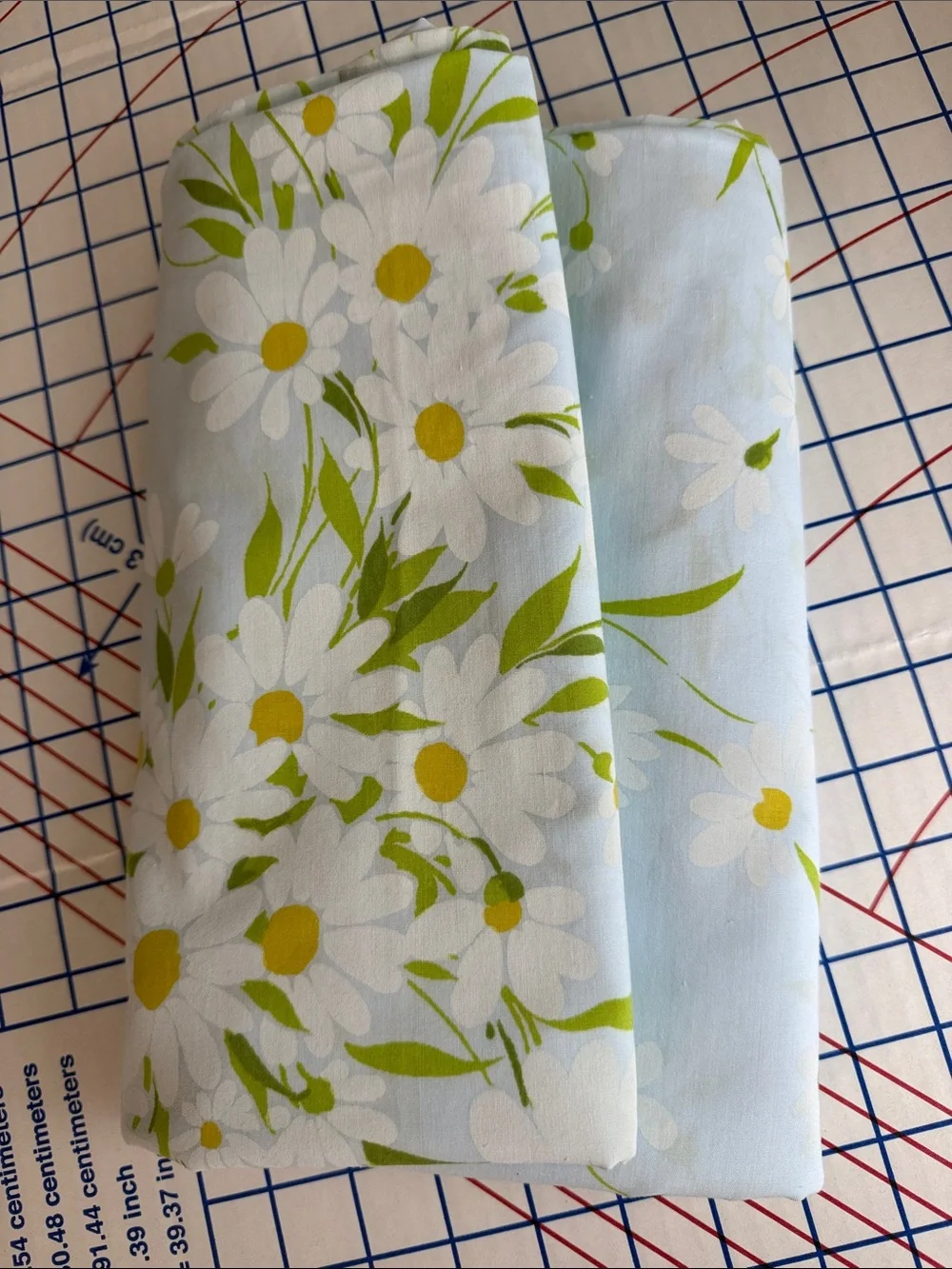 Vintage Morgan Jones Daisy Floral Flat Sheet Fabric 1970s Blue White No Iron